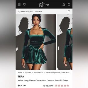 Oh Polly Velvet Long Sleeve Corset Minidress in Emerald Green